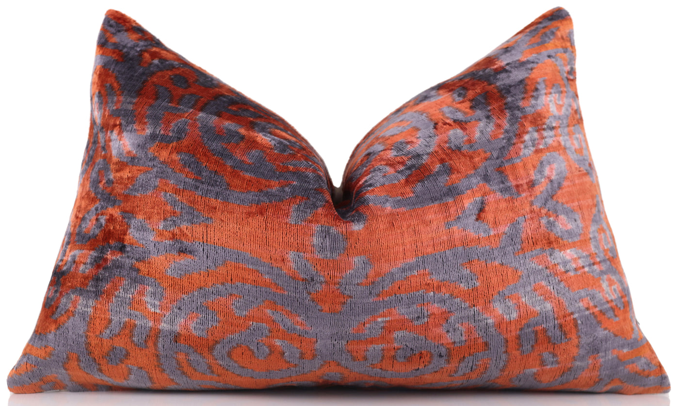 Burnt Orange & Lavender Damask Velvet Pillow – Handmade 16x24