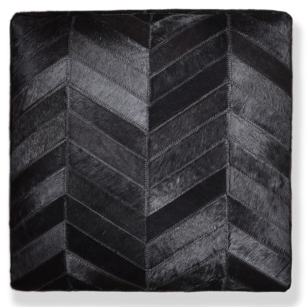 Handmade Black Cowhide Leather Ottoman Pouf 18x18 Chevron Patchwork