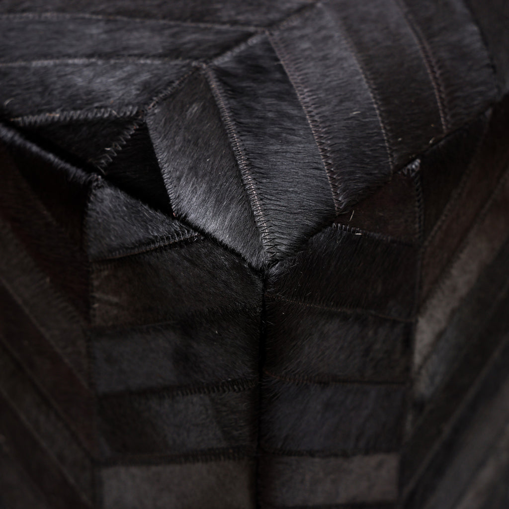 Handmade Black Cowhide Leather Ottoman Pouf 18x18 Chevron Patchwork