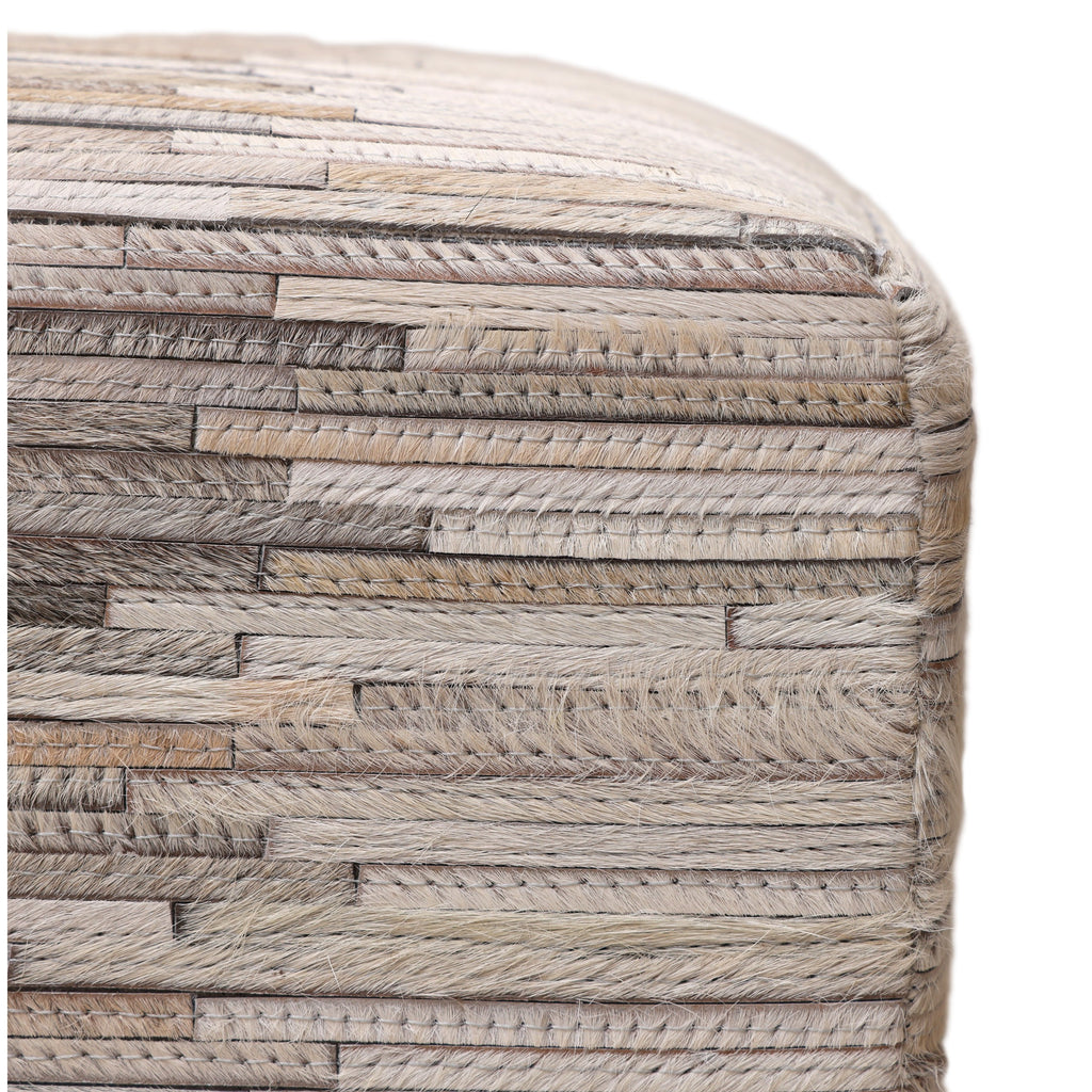 Handmade Cowhide Leather Ottoman Pouf 18x18 Neutral Textured Patchwork