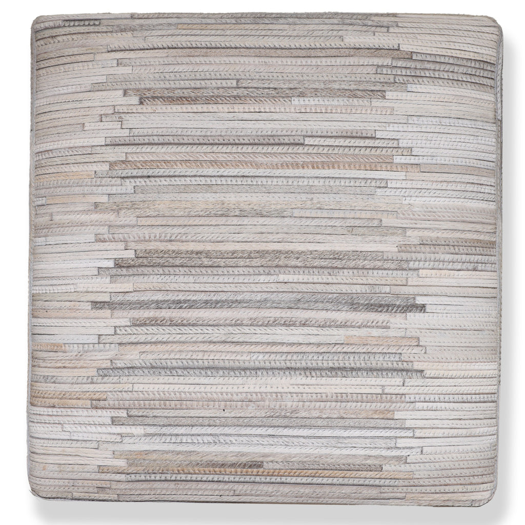 Handmade Cowhide Leather Ottoman Pouf 18x18 Neutral Textured Patchwork