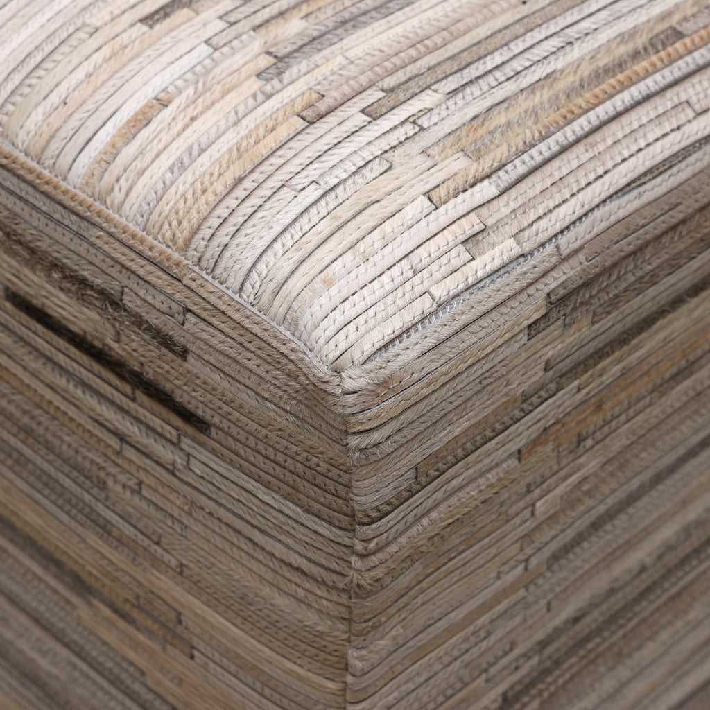 Handmade Cowhide Leather Ottoman Pouf 18x18 Neutral Textured Patchwork