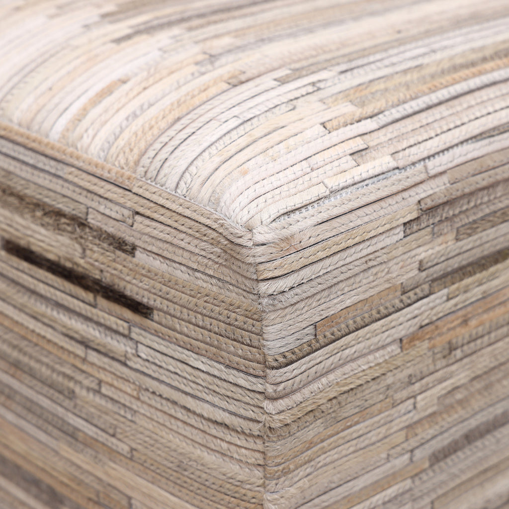 Handmade Cowhide Leather Ottoman Pouf 18x18 Neutral Textured Patchwork