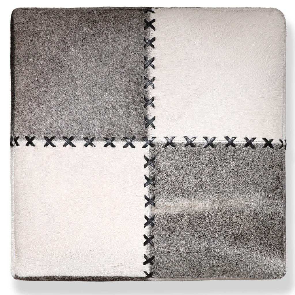 Handmade Cowhide Leather Patchwork Ottoman Pouf with Cross Stitch Detail 18x18