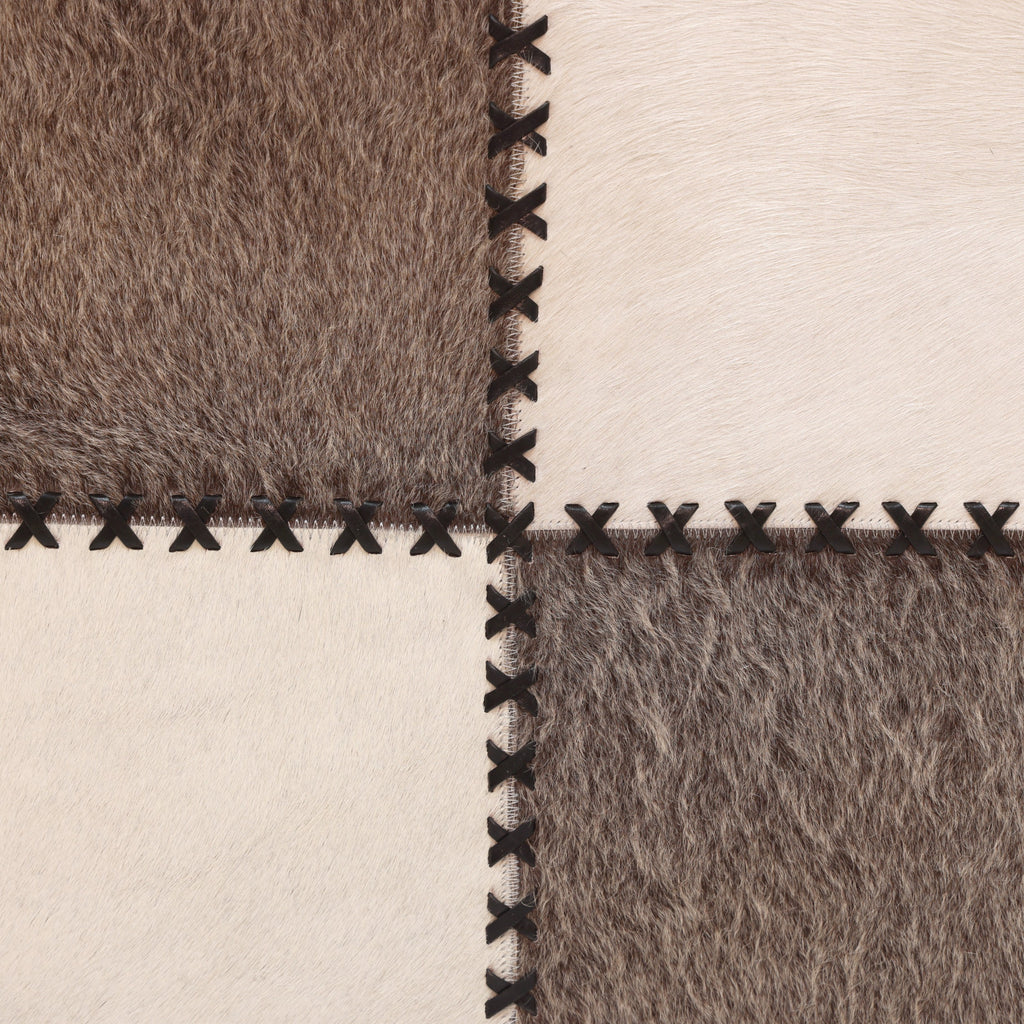 Handmade Cowhide Leather Patchwork Ottoman Pouf with Cross Stitch Detail 18x18