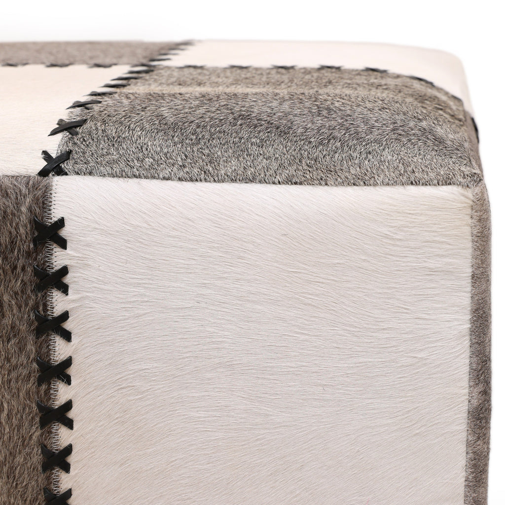 Handmade Cowhide Leather Patchwork Ottoman Pouf with Cross Stitch Detail 18x18