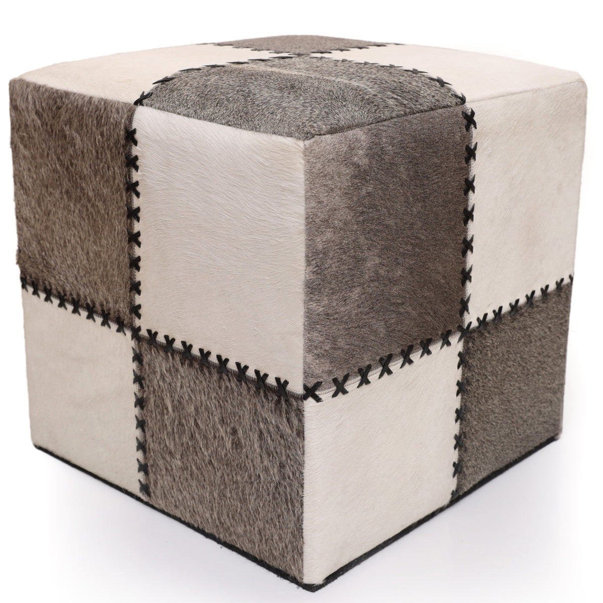 Handmade Cowhide Leather Patchwork Ottoman Pouf with Cross Stitch Detail 18x18