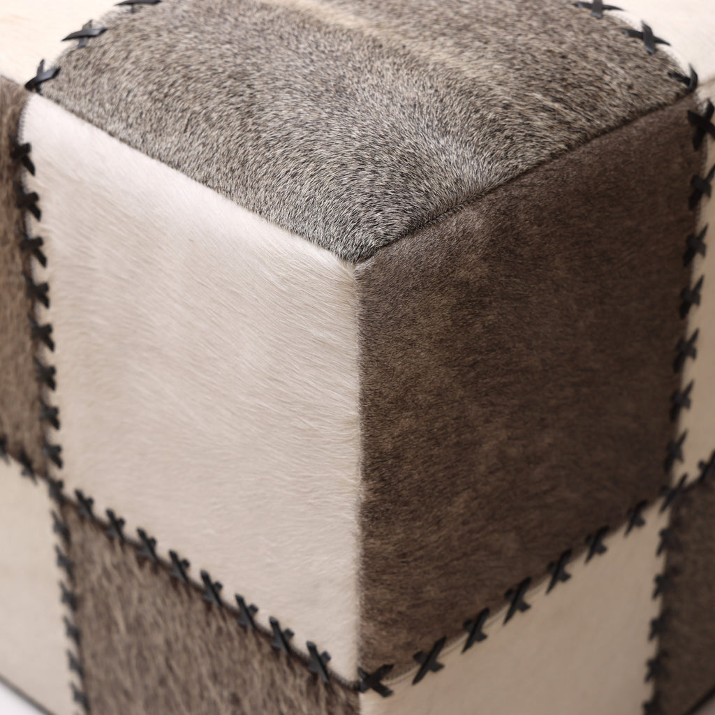 Handmade Cowhide Leather Patchwork Ottoman Pouf with Cross Stitch Detail 18x18