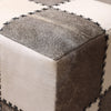 Handmade Cowhide Leather Patchwork Ottoman Pouf with Cross Stitch Detail 18x18