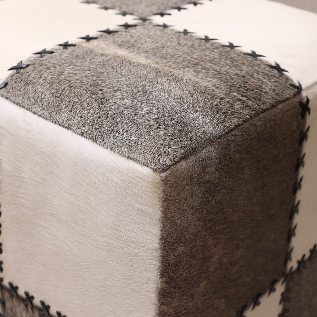 Handmade Cowhide Leather Patchwork Ottoman Pouf with Cross Stitch Detail 18x18