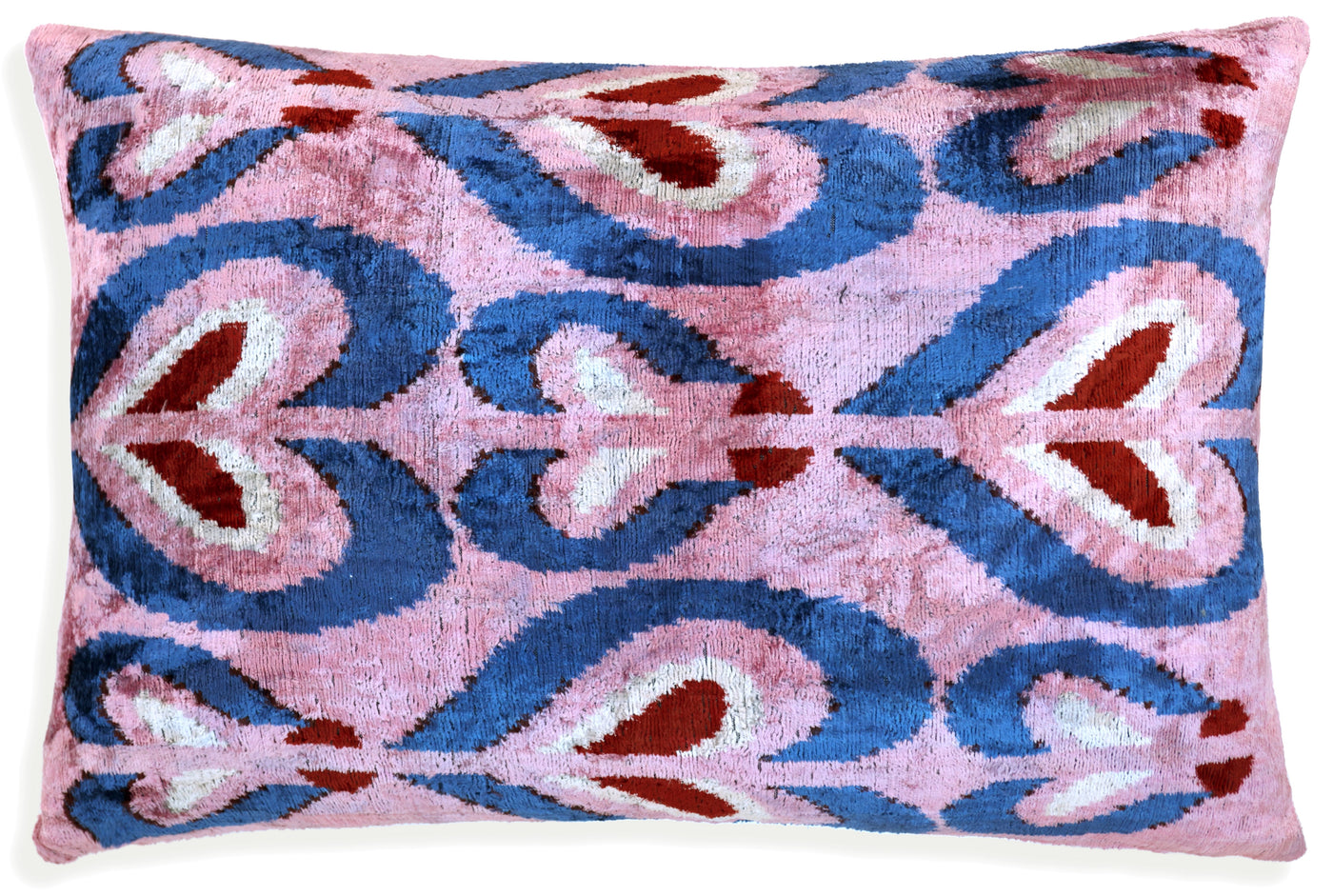 Pink & Blue Heart Pattern Velvet Pillow – Handmade 16x24 Lumbar