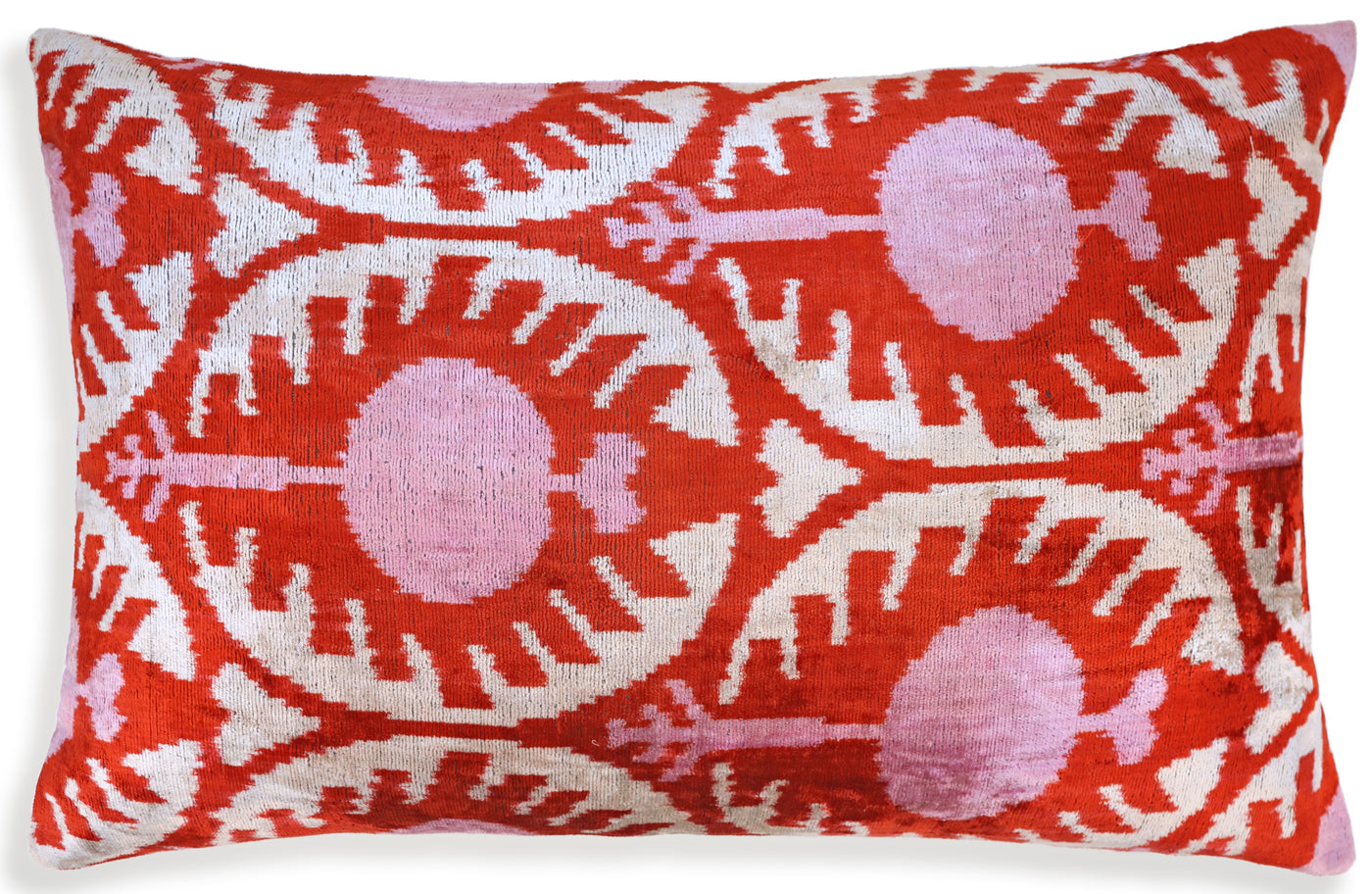 Red & Pink Ikat Velvet Pillow – Handmade 16x24 Lumbar Cushion