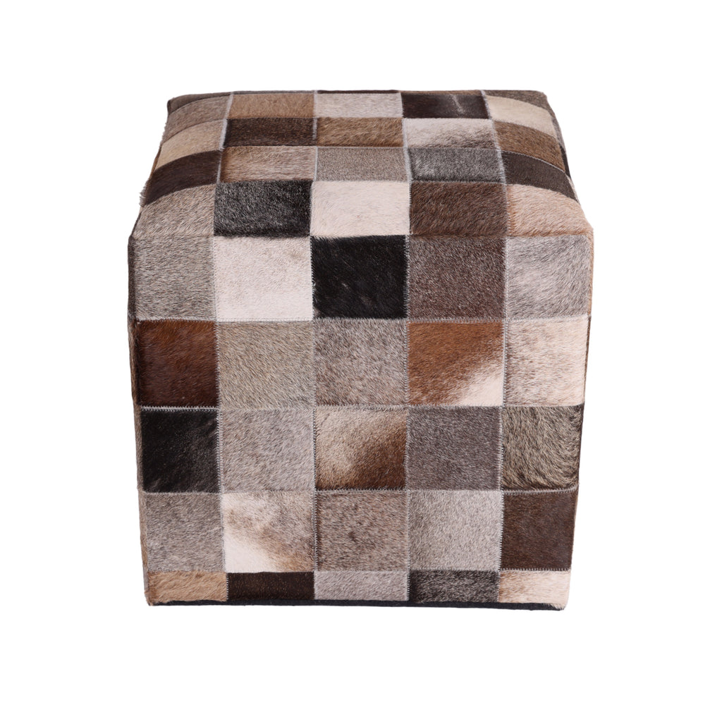 Handmade Brown Patchwork Cowhide Leather Ottoman Pouf 18x18 Warm
