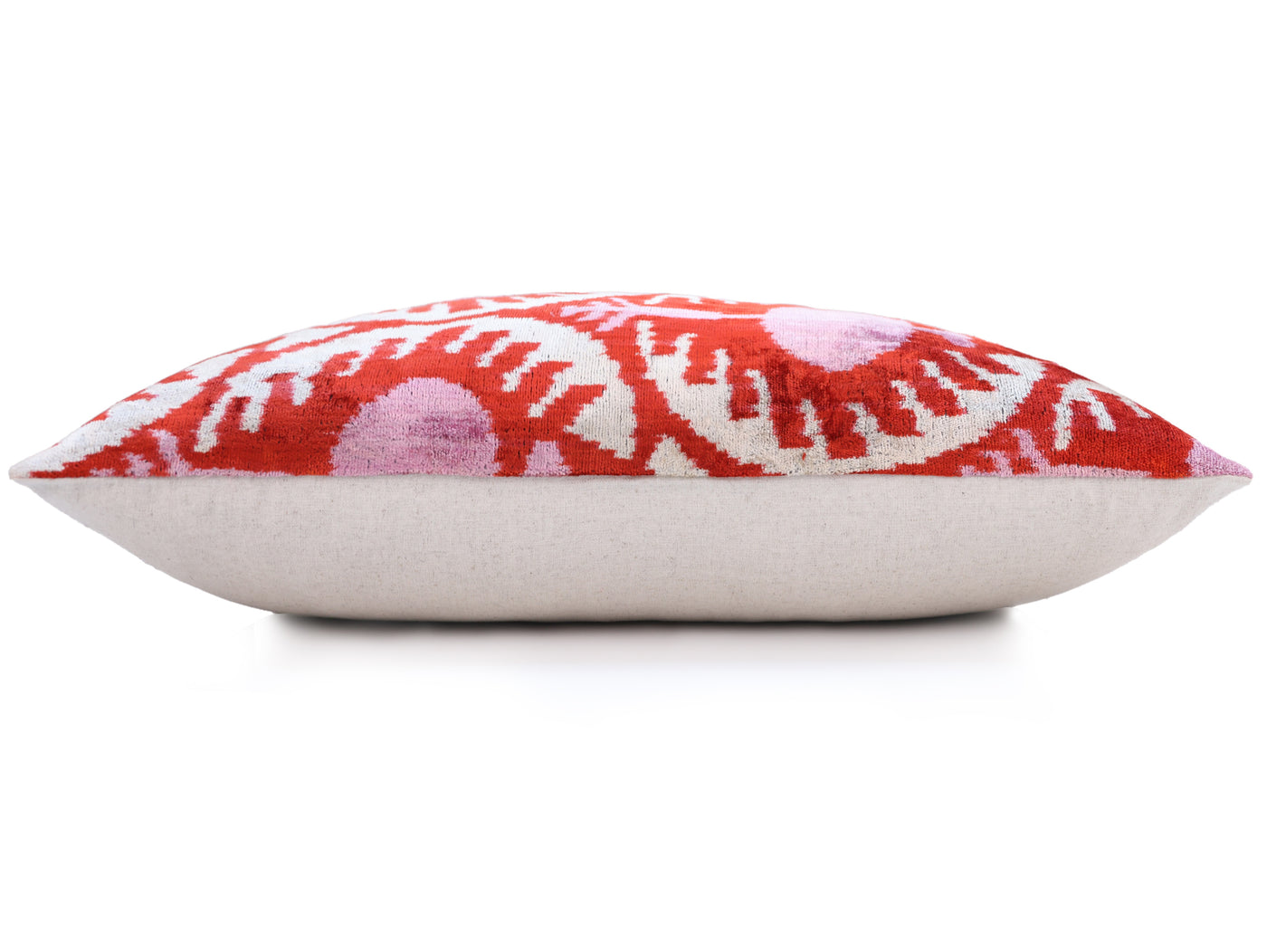 Red & Pink Ikat Velvet Pillow – Handmade 16x24 Lumbar Cushion