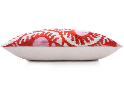 Red & Pink Ikat Velvet Pillow – Handmade 16x24 Lumbar Cushion