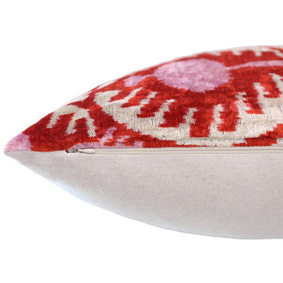 Red & Pink Ikat Velvet Pillow – Handmade 16x24 Lumbar Cushion