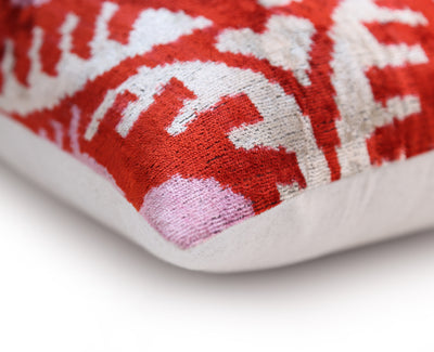 Red & Pink Ikat Velvet Pillow – Handmade 16x24 Lumbar Cushion