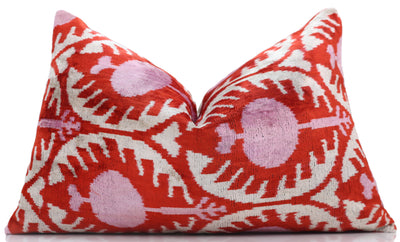 Red & Pink Ikat Velvet Pillow – Handmade 16x24 Lumbar Cushion