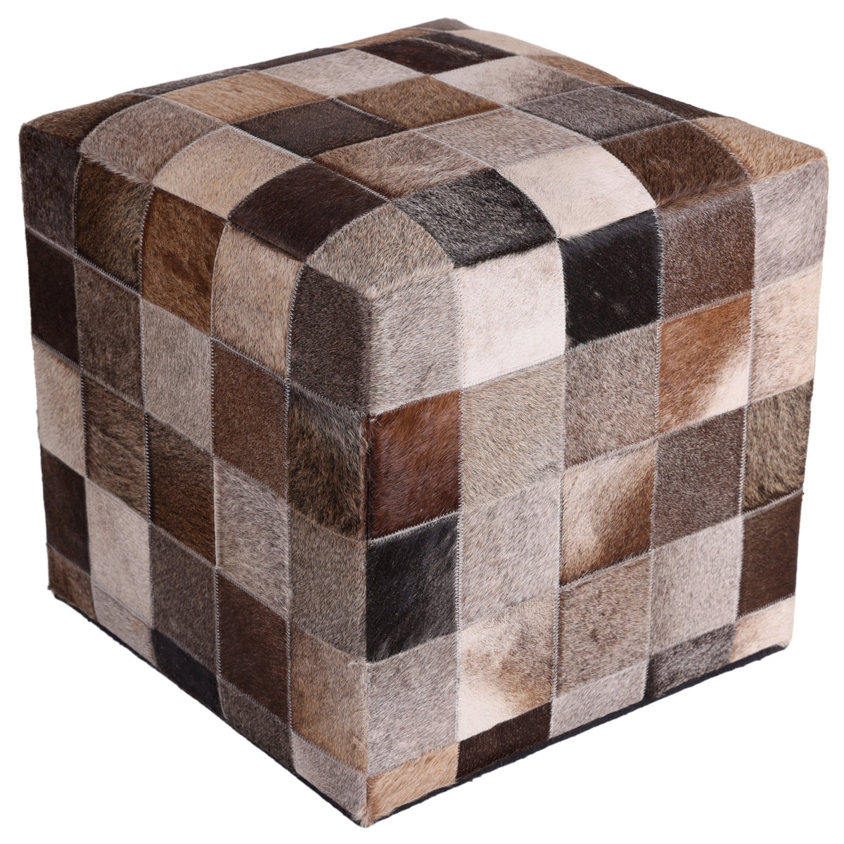 Handmade Brown Patchwork Cowhide Leather Ottoman Pouf 18x18 Warm