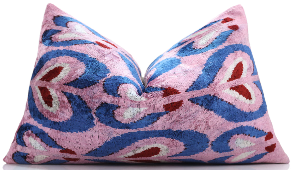 Pink & Blue Heart Pattern Velvet Pillow – Handmade 16x24 Lumbar
