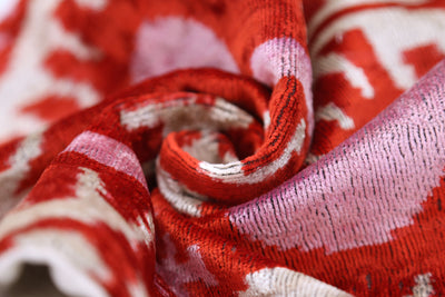 Red & Pink Ikat Velvet Pillow – Handmade 16x24 Lumbar Cushion