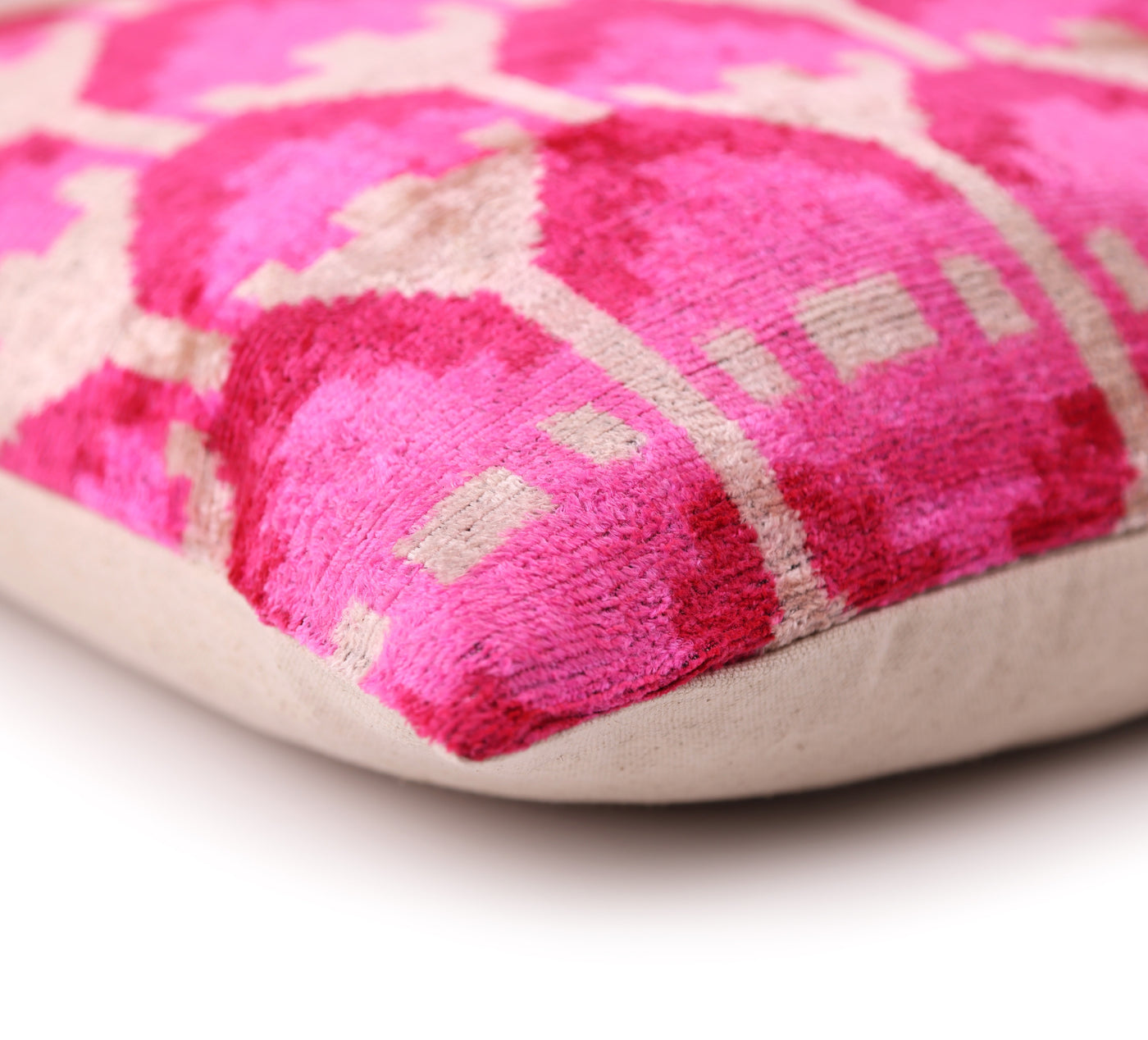 Luxury Pink Silk Velvet Throw Pillow – Handmade 20x20 Ikat Design