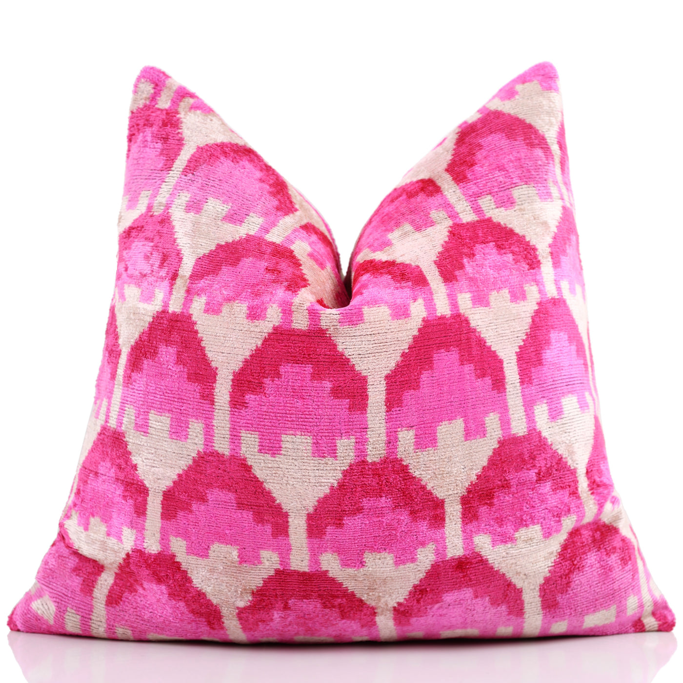 Luxury Pink Silk Velvet Throw Pillow – Handmade 20x20 Ikat Design