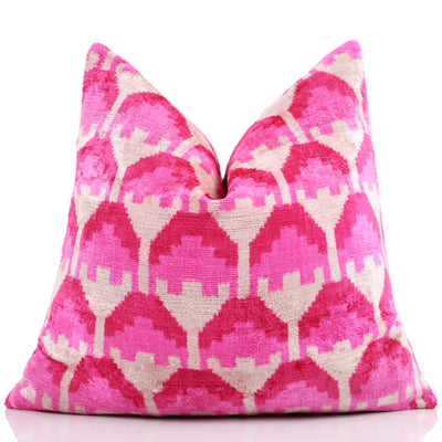Luxury Pink Silk Velvet Throw Pillow – Handmade 20x20 Ikat Design