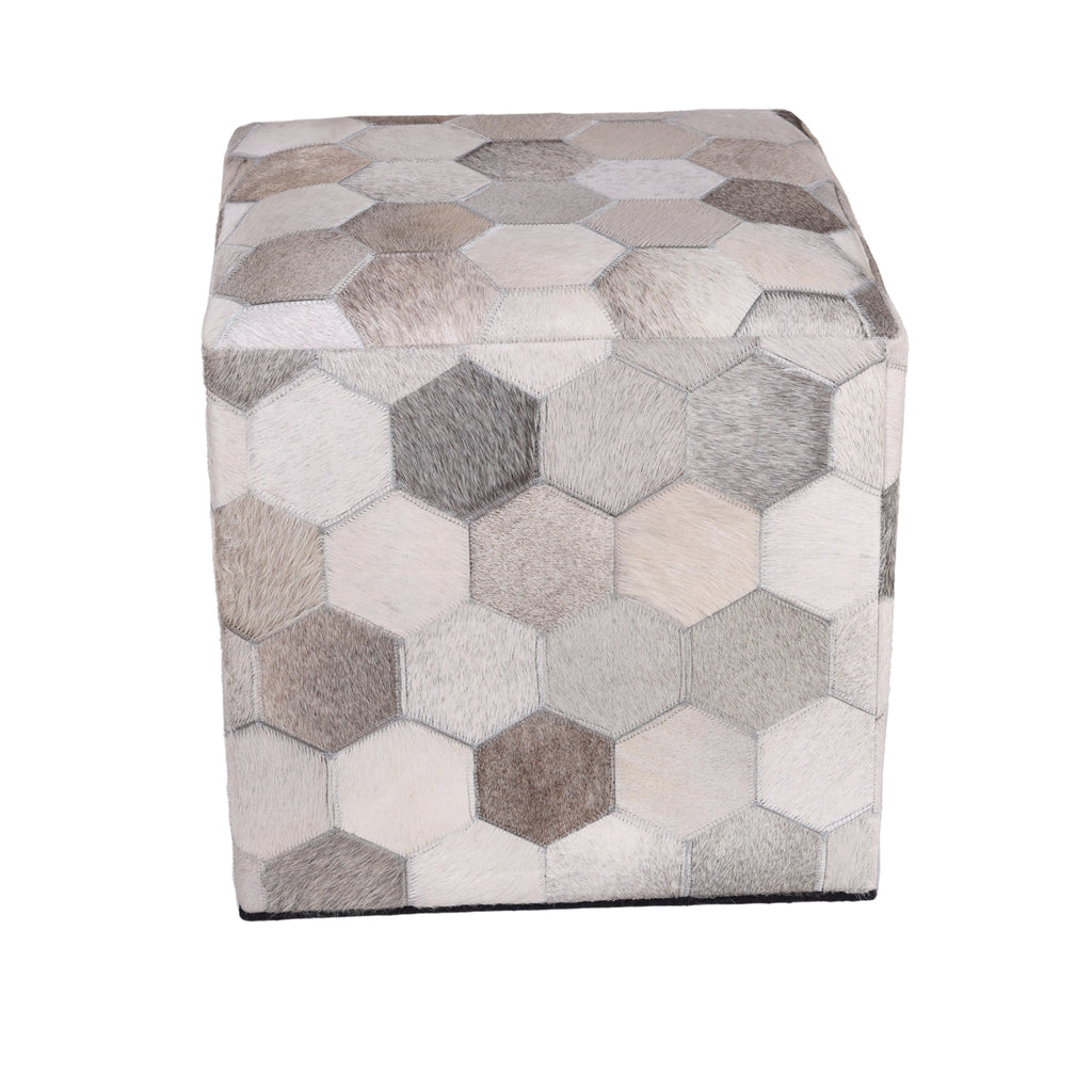 Handmade Hexagon Patchwork Cowhide Leather Ottoman Pouf 18x18 Neutral