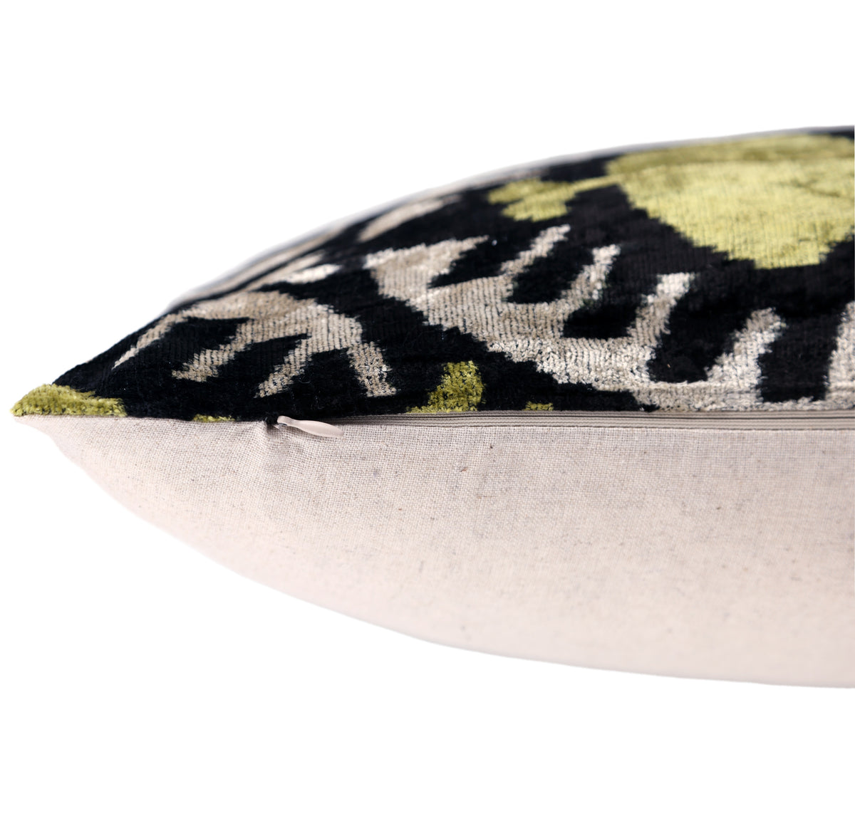 Black & Olive Ikat Velvet Pillow – Handmade 16x24 Medallion Design