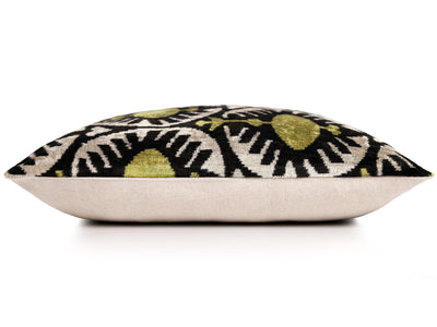 Black & Olive Ikat Velvet Pillow – Handmade 16x24 Medallion Design