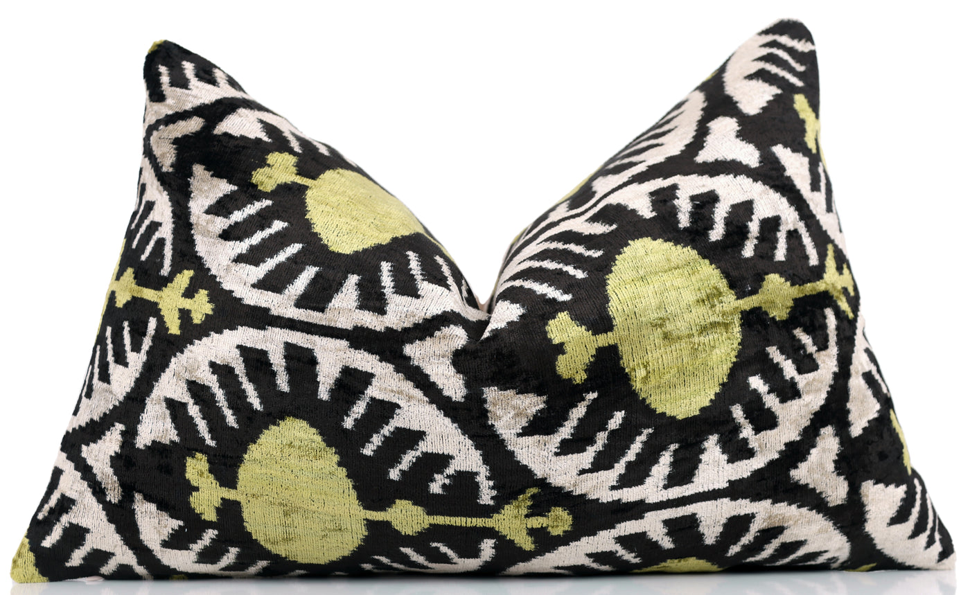 Black & Olive Ikat Velvet Pillow – Handmade 16x24 Medallion Design