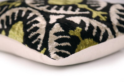 Black & Olive Ikat Velvet Pillow – Handmade 16x24 Medallion Design
