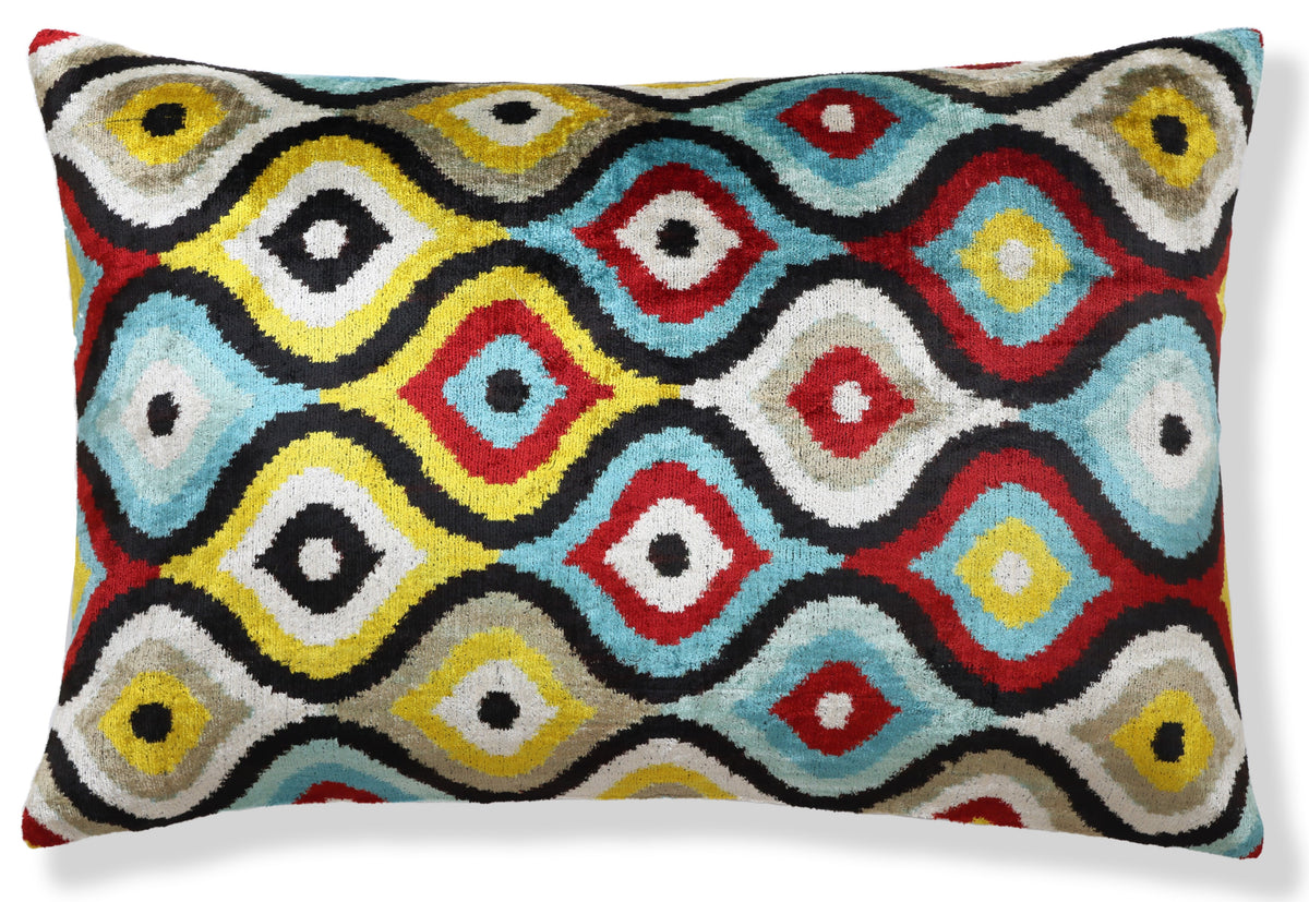 Multicolor Ikat Silk Velvet Lumbar Pillow 16x24 | Handmade Designer Accent