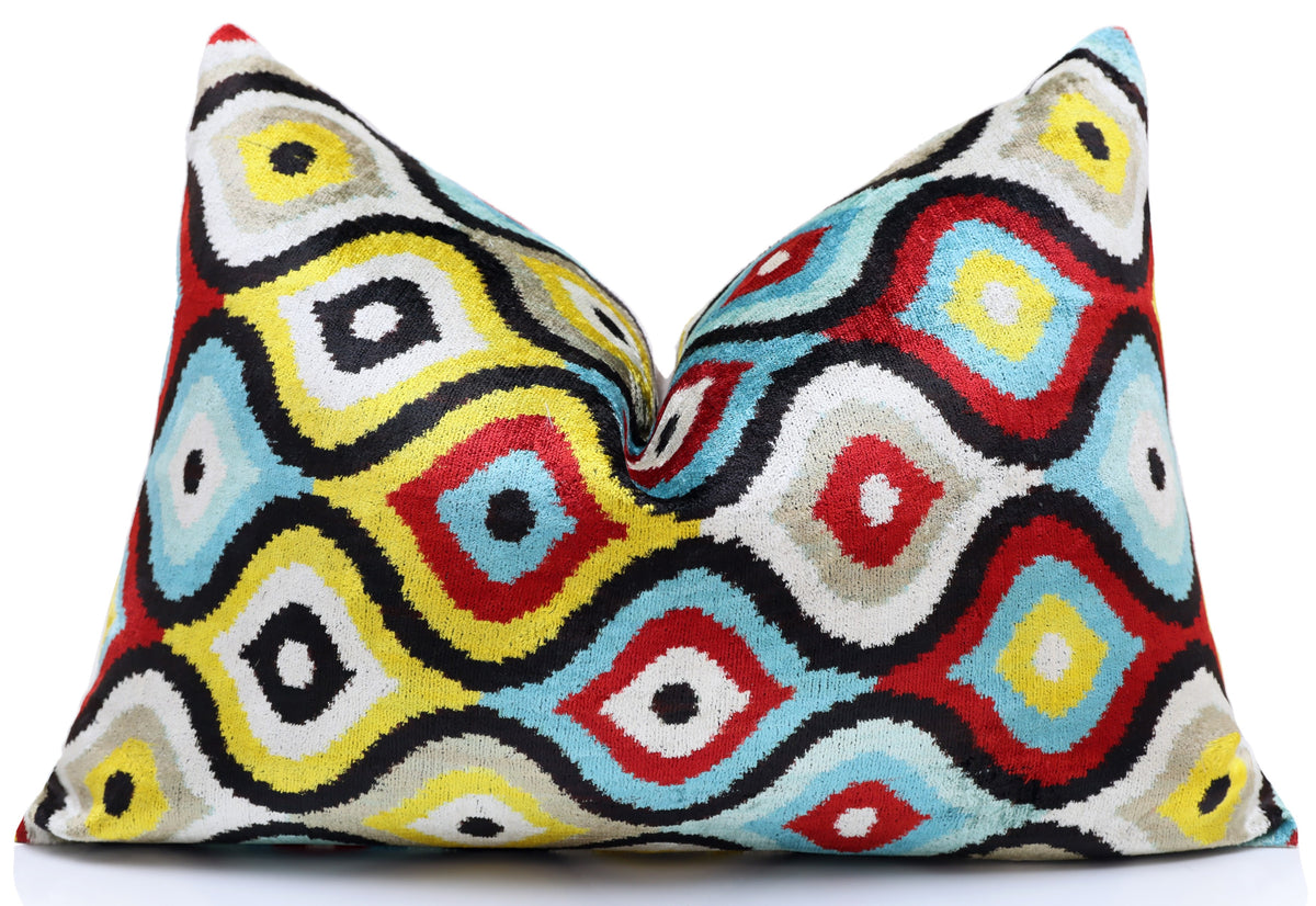 Multicolor Ikat Silk Velvet Lumbar Pillow 16x24 | Handmade Designer Accent