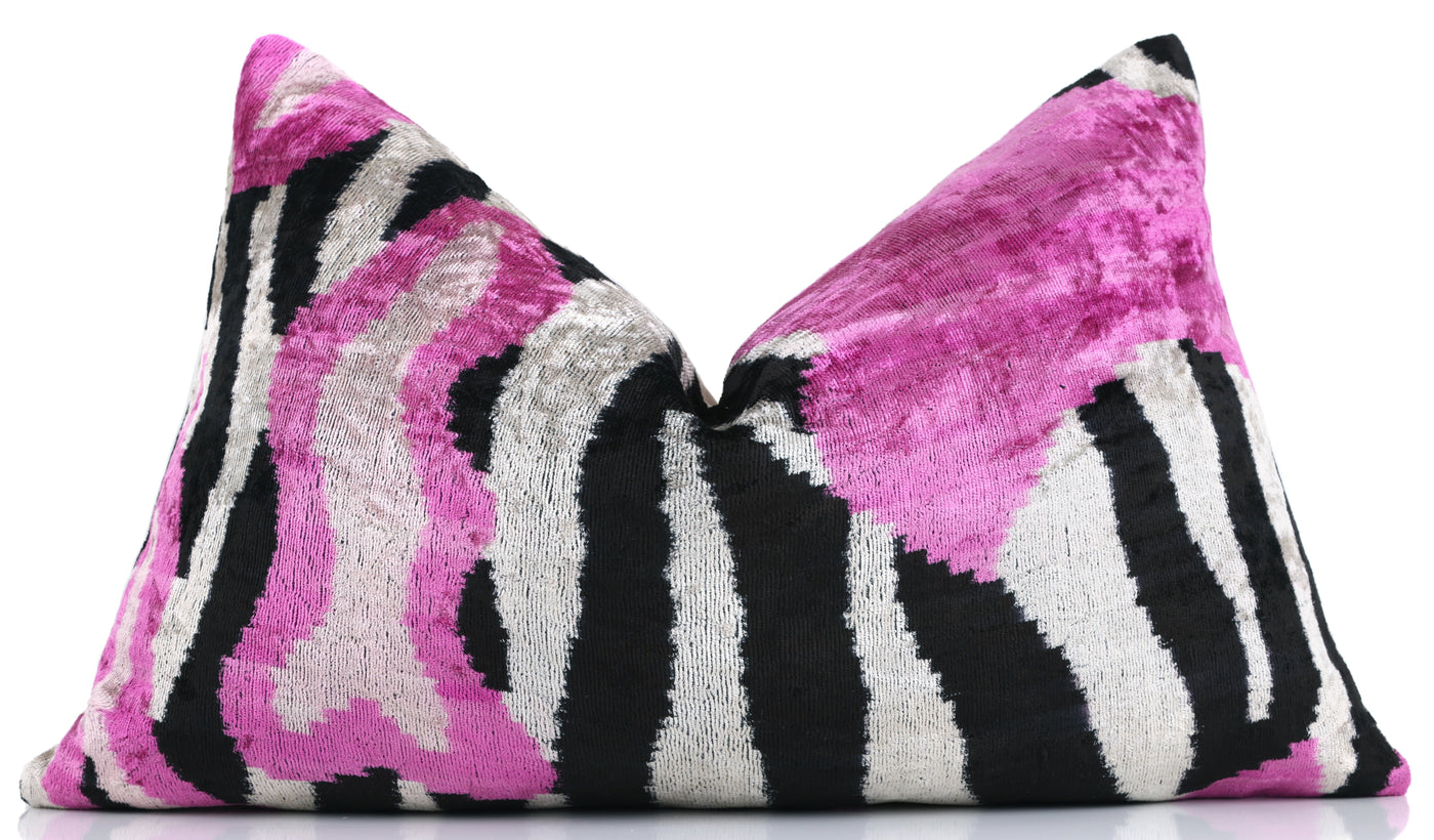 Pink Zebra Abstract Velvet Pillow – Handmade 16x24 Lumbar Cushion