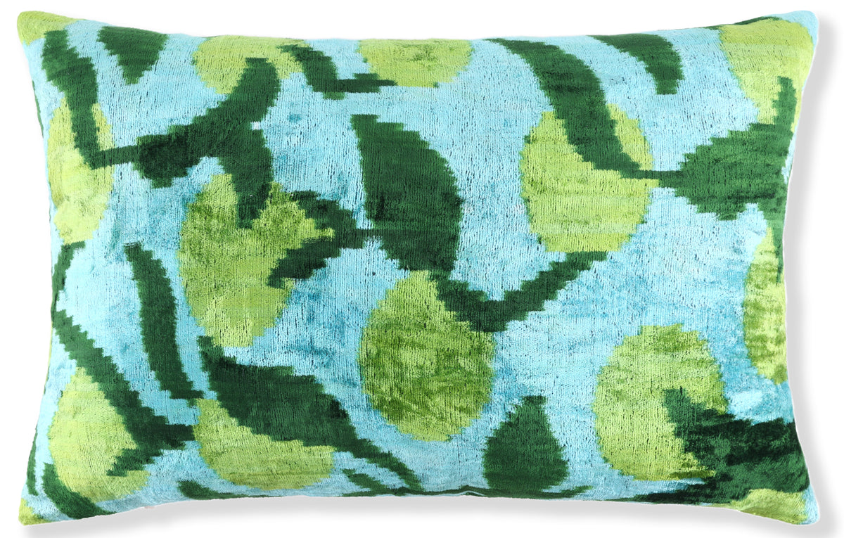 Leaf Green & Aqua Velvet Pillow – Handmade 16x24 Botanical Design