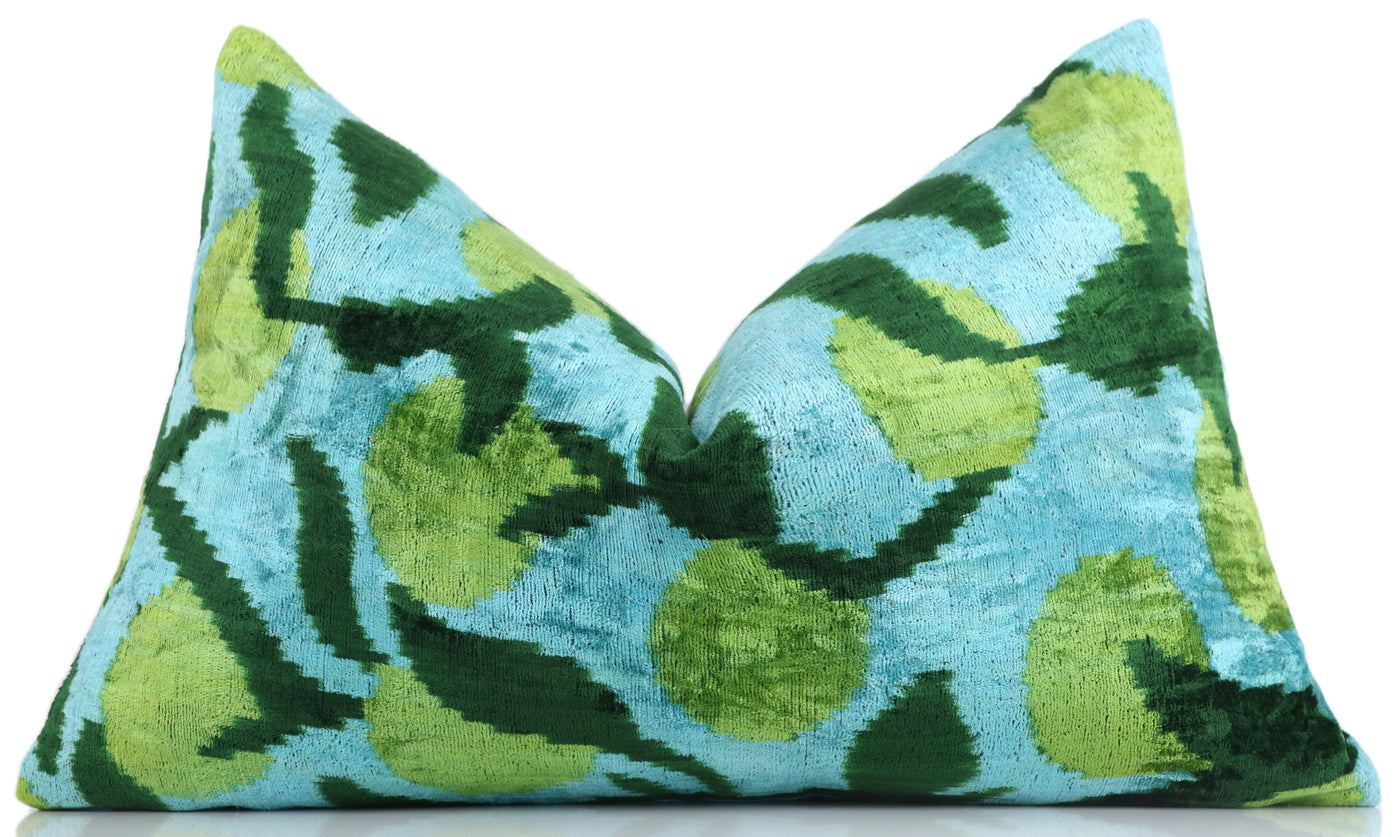 Leaf Green & Aqua Velvet Pillow – Handmade 16x24 Botanical Design