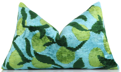 Leaf Green & Aqua Velvet Pillow – Handmade 16x24 Botanical Design