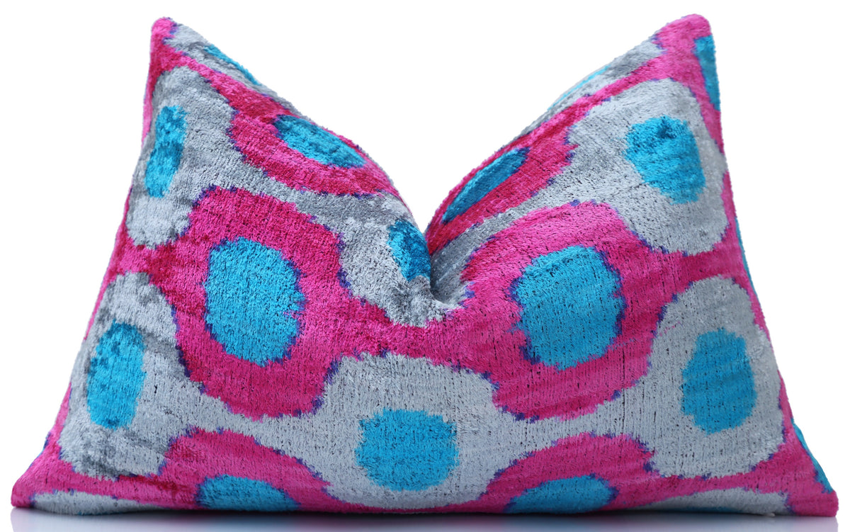 Pink Silk Velvet Lumbar Pillow 16x24 | Handmade Ikat Designer Accent