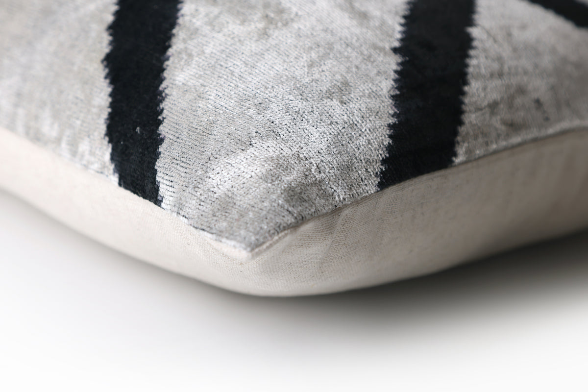 Modern Black & White Chevron Ikat Velvet Pillow – 16x16 Handmade Cushion