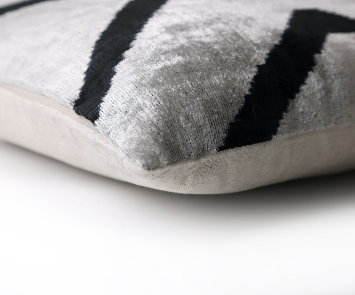 Modern Black & White Chevron Ikat Velvet Pillow – 16x16 Handmade Cushion