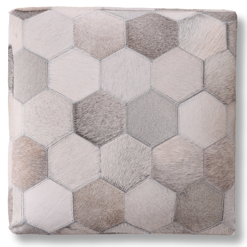 Handmade Hexagon Patchwork Cowhide Leather Ottoman Pouf 18x18 Neutral