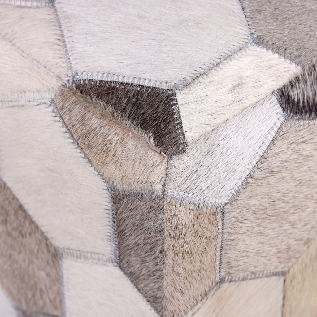 Handmade Hexagon Patchwork Cowhide Leather Ottoman Pouf 18x18 Neutral