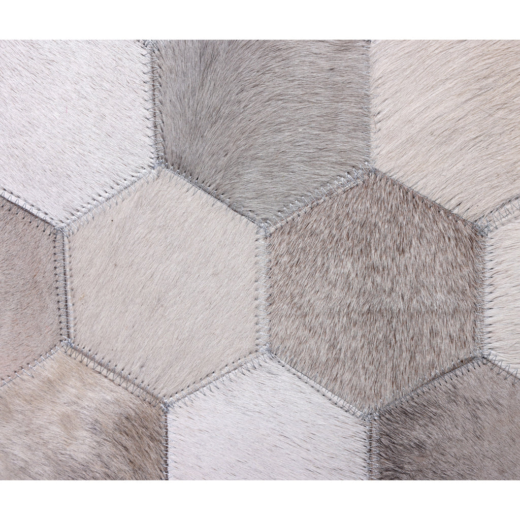 Handmade Hexagon Patchwork Cowhide Leather Ottoman Pouf 18x18 Neutral