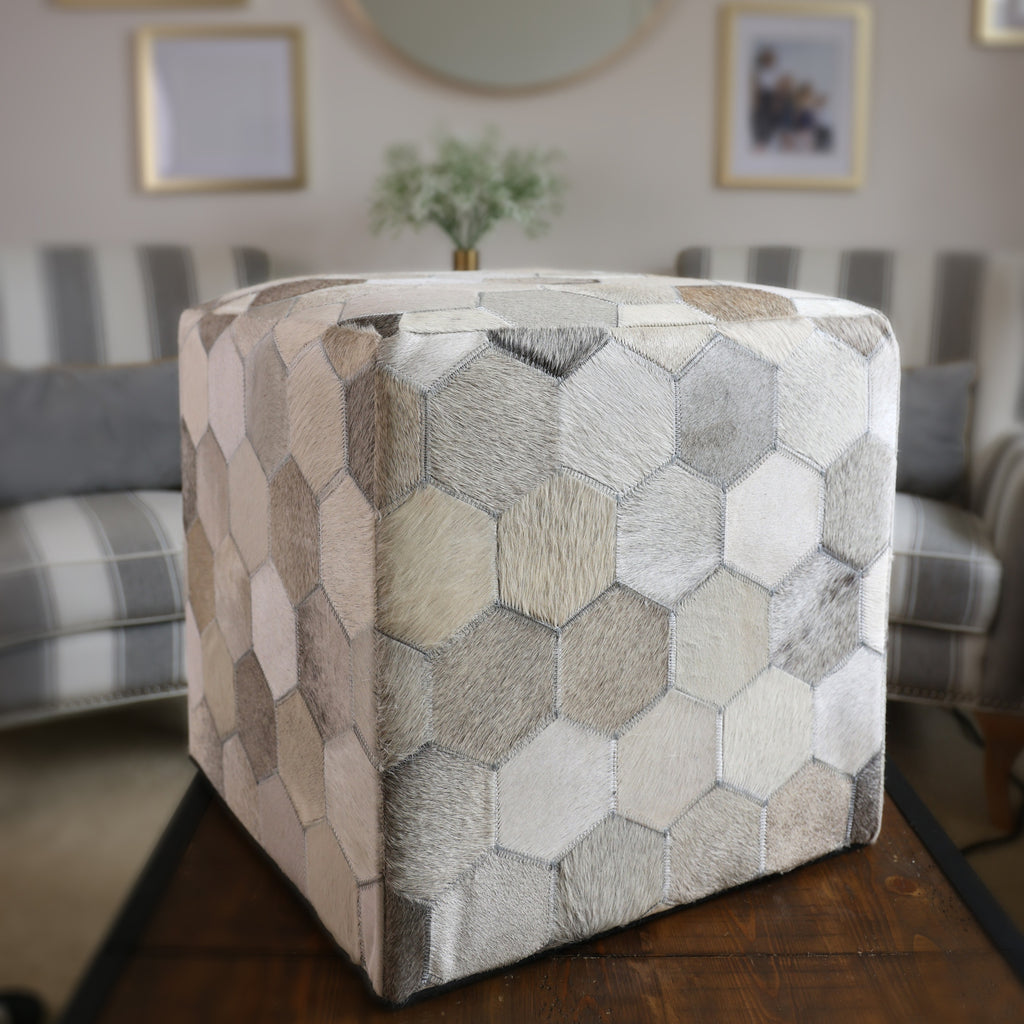 Handmade Hexagon Patchwork Cowhide Leather Ottoman Pouf 18x18 Neutral