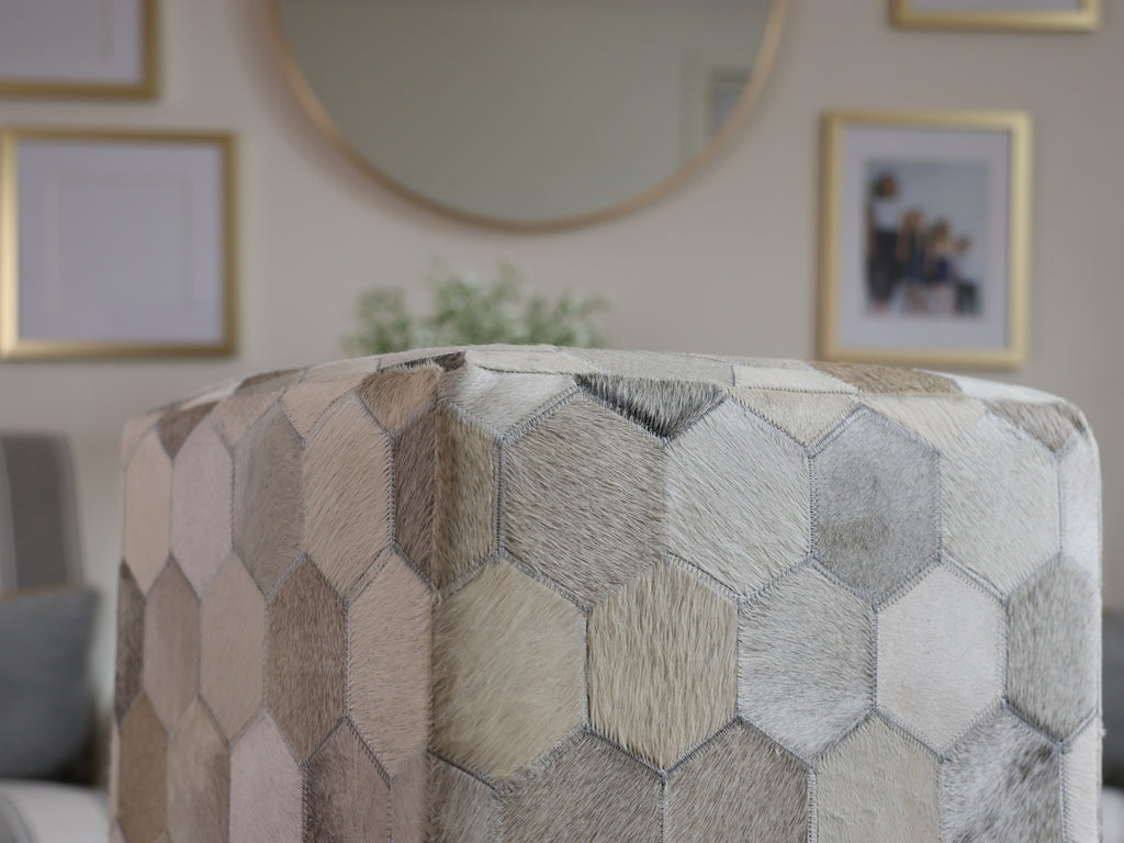 Handmade Hexagon Patchwork Cowhide Leather Ottoman Pouf 18x18 Neutral