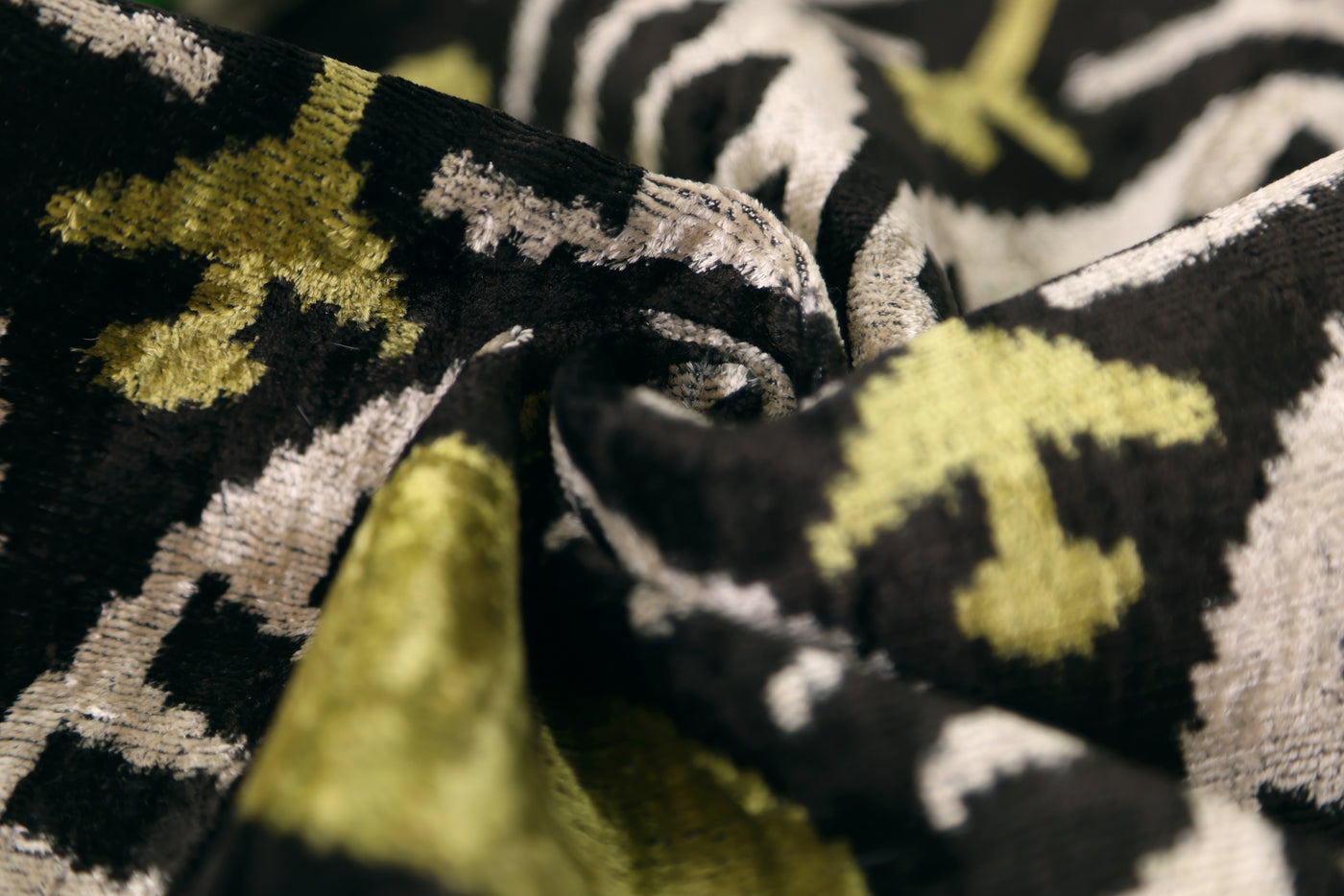 Black & Olive Ikat Velvet Pillow – Handmade 16x24 Medallion Design