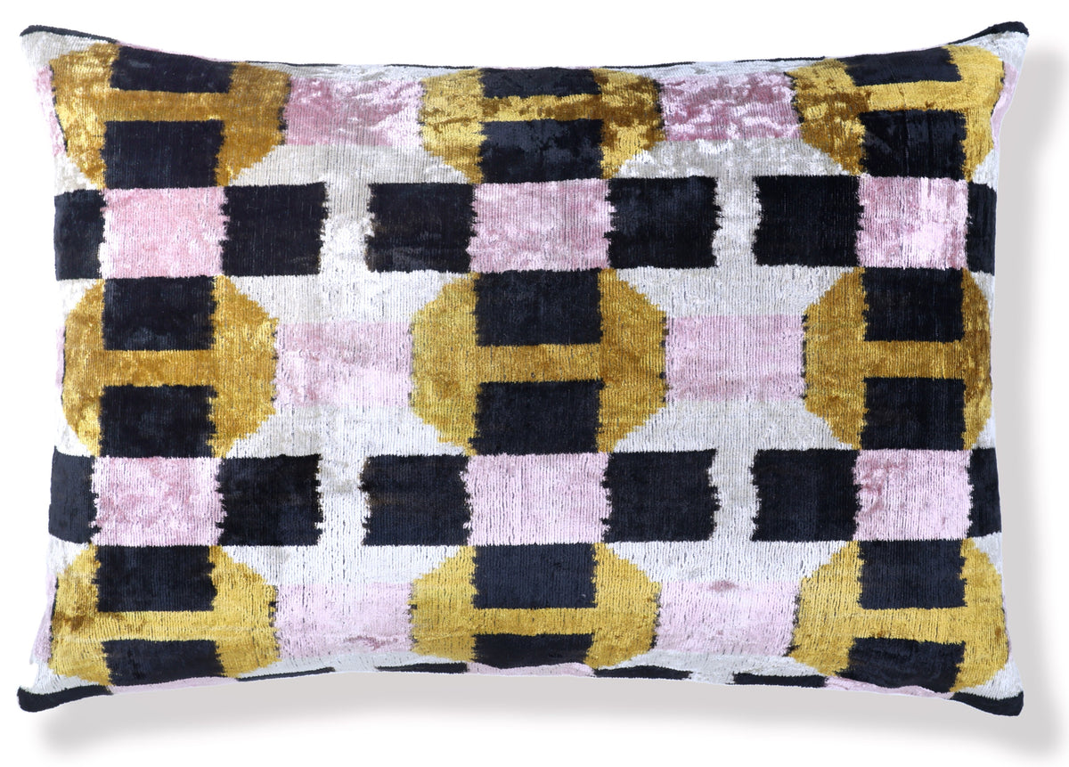 Geometric Silk Velvet Lumbar Pillow 16x24 | Handmade Art Deco Accent