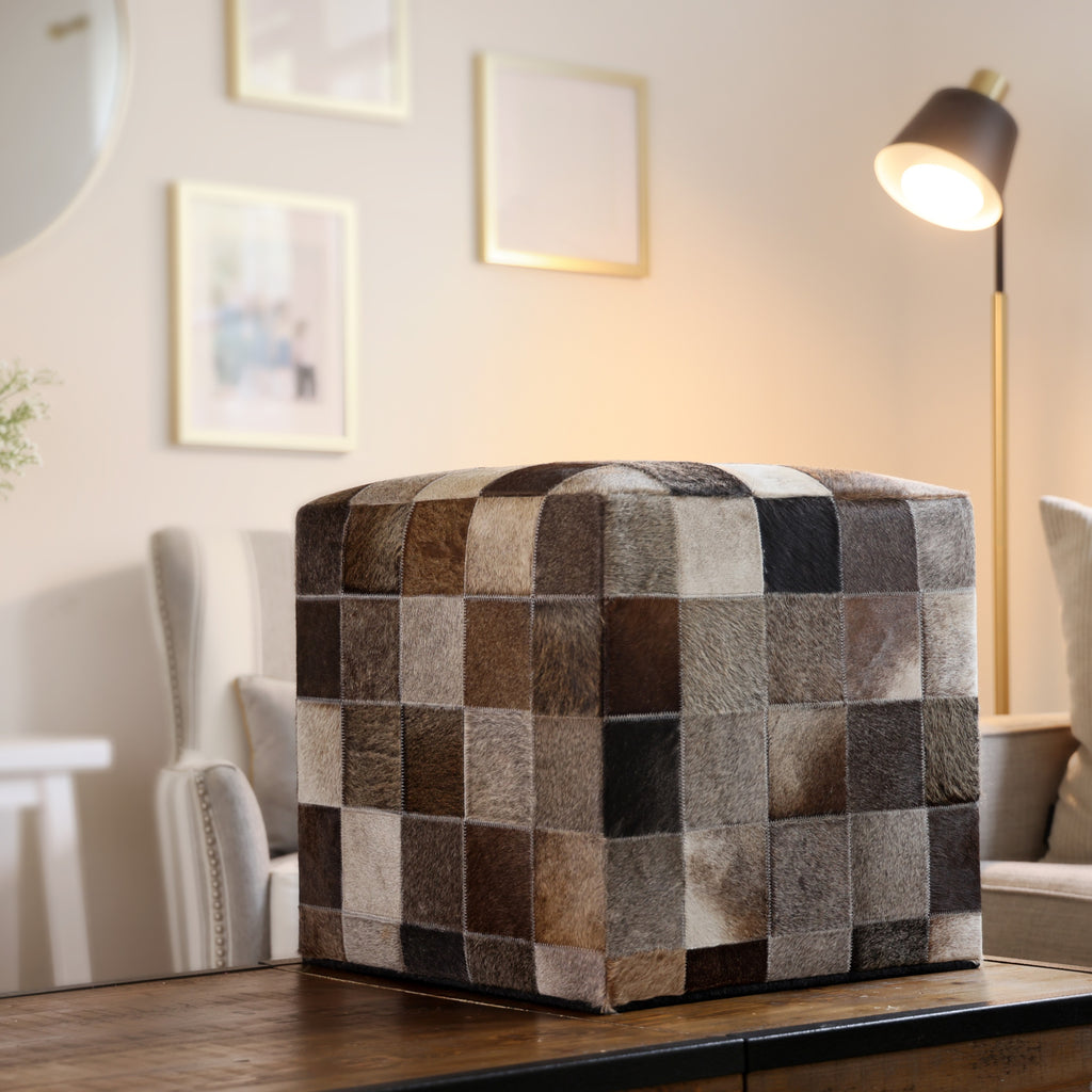 Handmade Brown Patchwork Cowhide Leather Ottoman Pouf 18x18 Warm